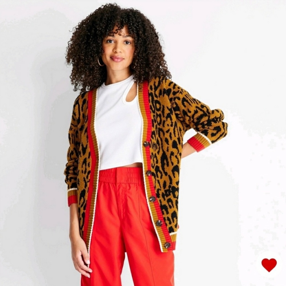 Future Collective with Kahlana Barfield Brown Leopard Print Varsity Cardigan